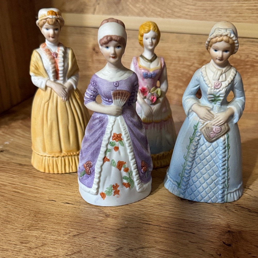 Charming Victorian Ladies Porcelain Figurine Bells  C.M.I Boston bells also